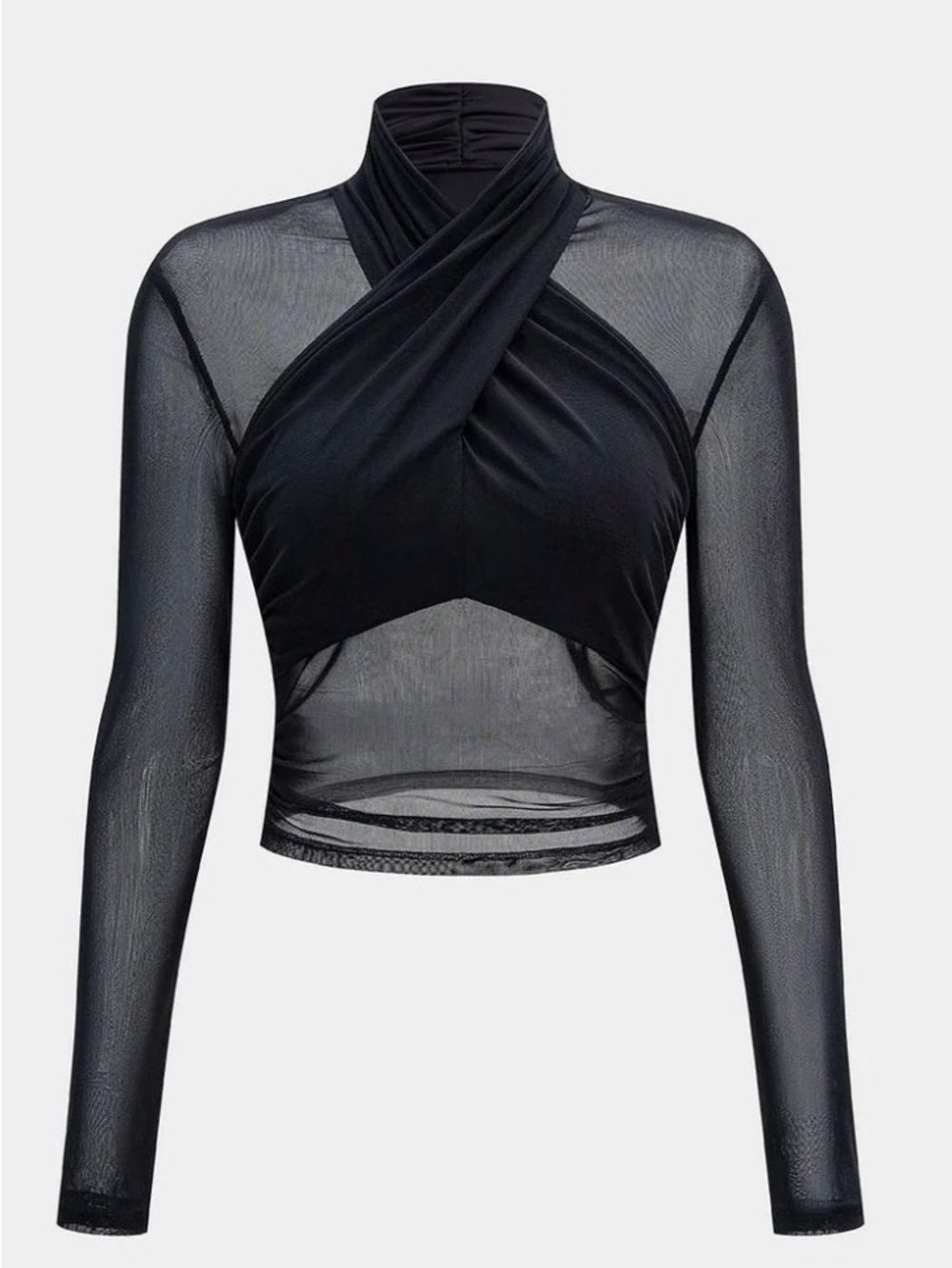 Sexy Black Sheer Mesh Ruched Long-Sleeve Top